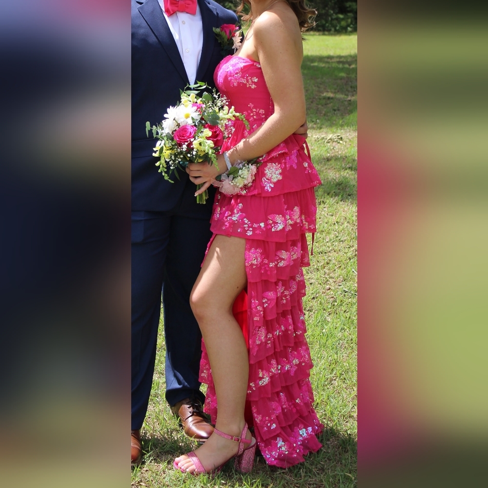 Lulu's - Definite Glamour Hot Pink Sequin Strapless Bustier Maxi Dress - Size S